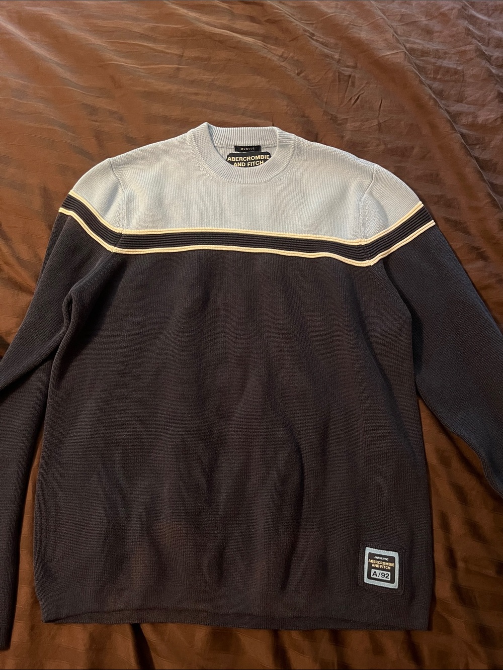 Abercrombie & Fitch Navy and Light Blue Crewneck Sweater with Cream Stripe